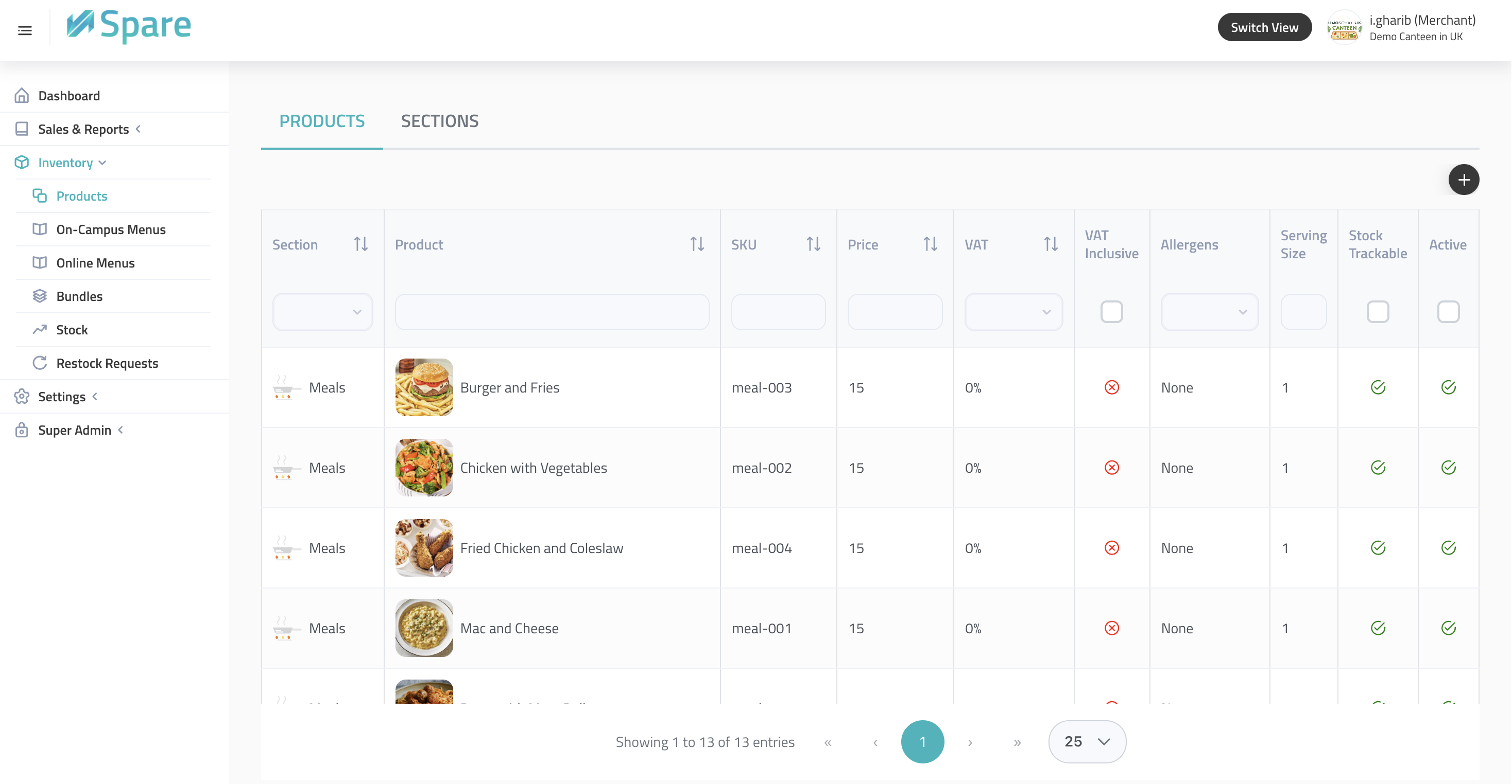 Menu management dashboard