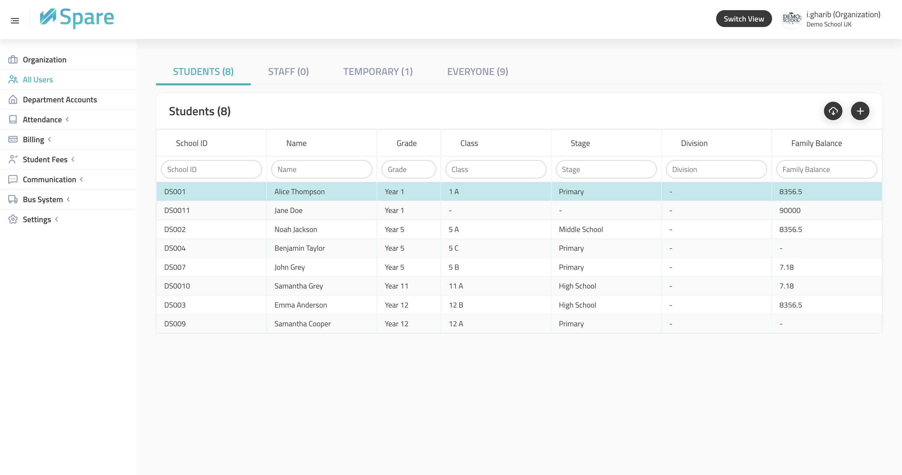 School dashboard