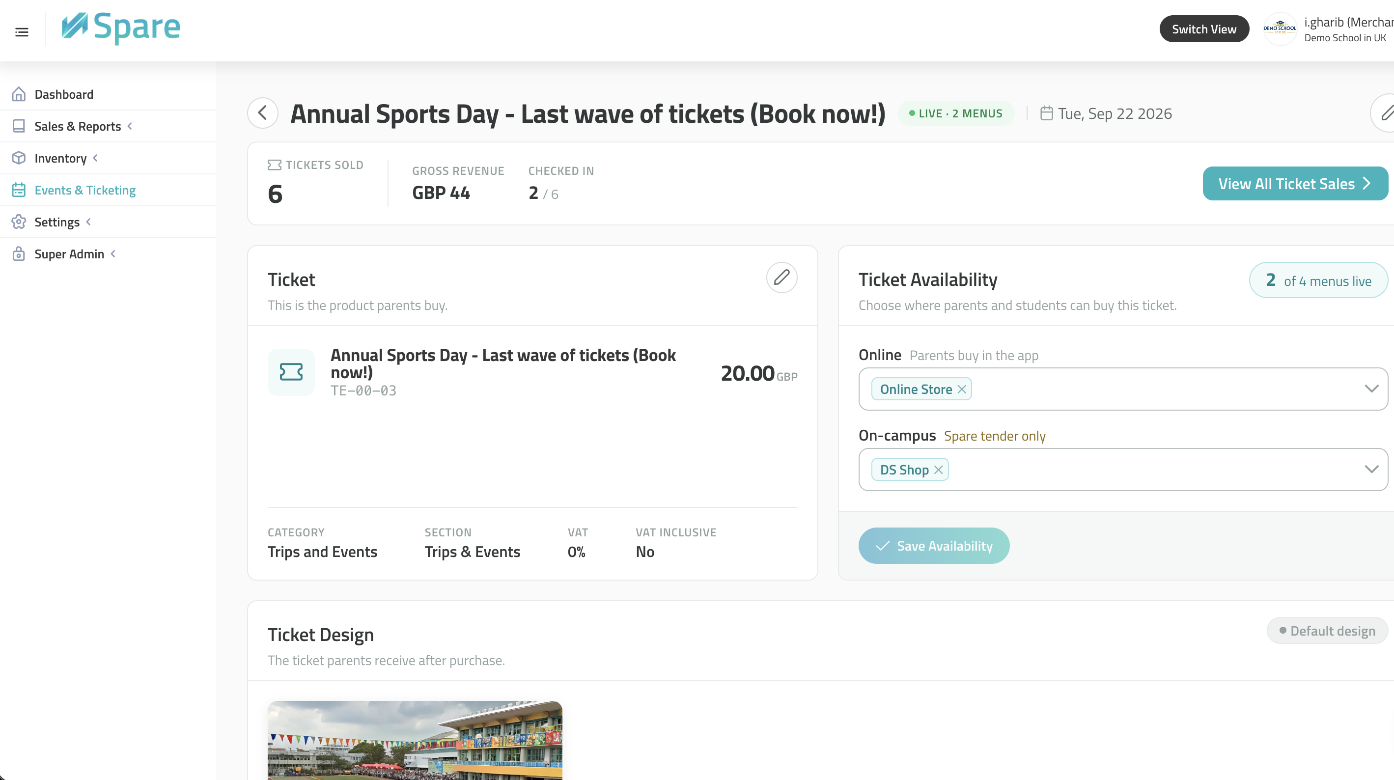 Events & Ticketing dashboard with live sales tracking and ticket design controls
